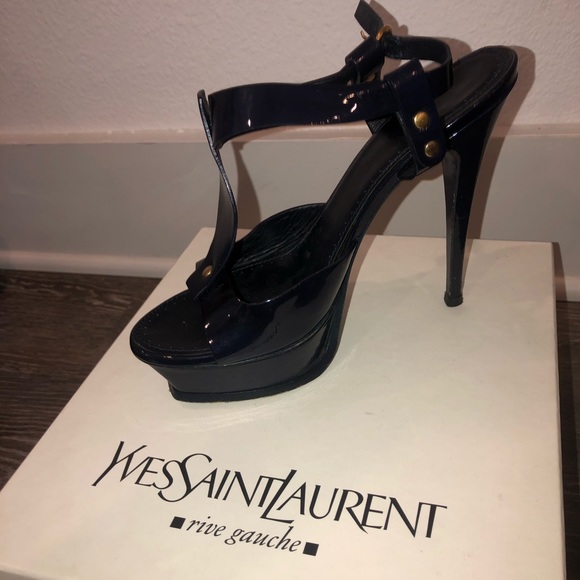 YSL Saint Laurent Blue Patent Tribute Platforms - Picture 3 of 8